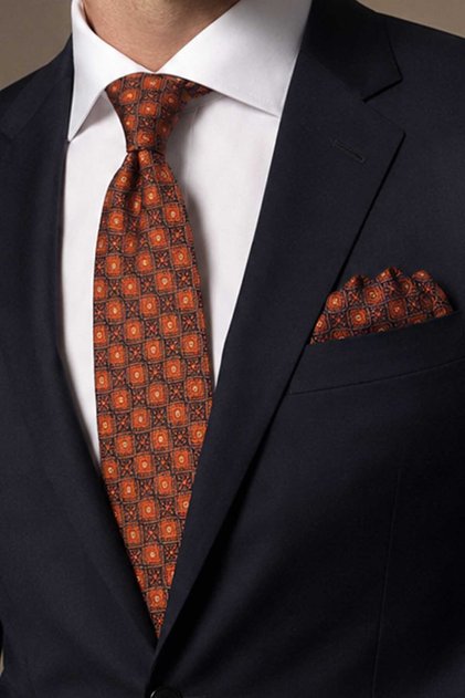 Classic Tie with Orange Motif Pattern Handkerchief Kk13060