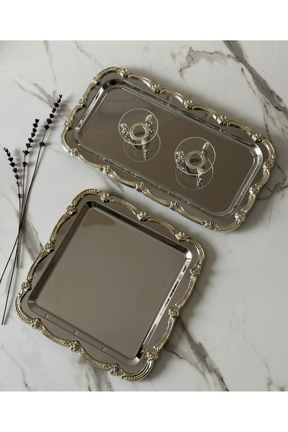 Fiore Gümüş-Gümüş /Kare-Dikdörtgen Söz Nişan Cam Set Çay Kahve Servis Sunum Tepsisi (21x21)(33x17)