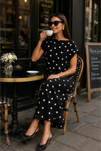 Drapeli Boat Neck Polka Dot Dress
