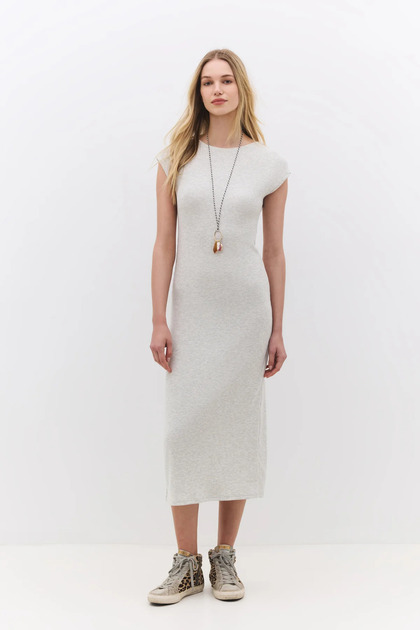 Women's Ribbed Basic Midi Dress with Crew Neck and Short Sleeves