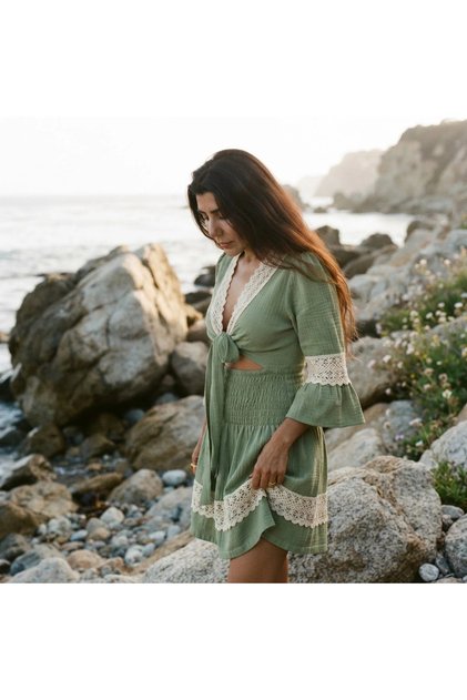 Andalusian Lace Detailed Crop Tied Bohemian Muslin Mini Dress