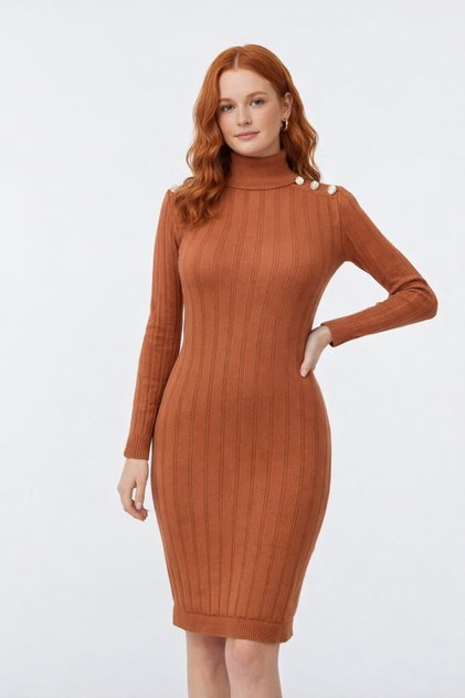 Shoulder Button Detailed Ribbed Knit Dress