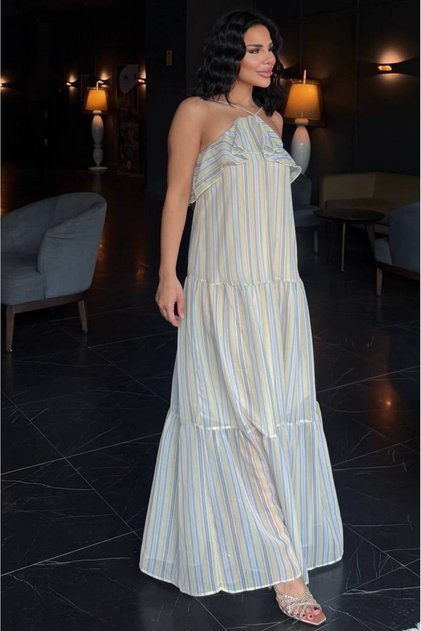 Women's Yellow Striped Flounce Chiffon Strap Lined Dress