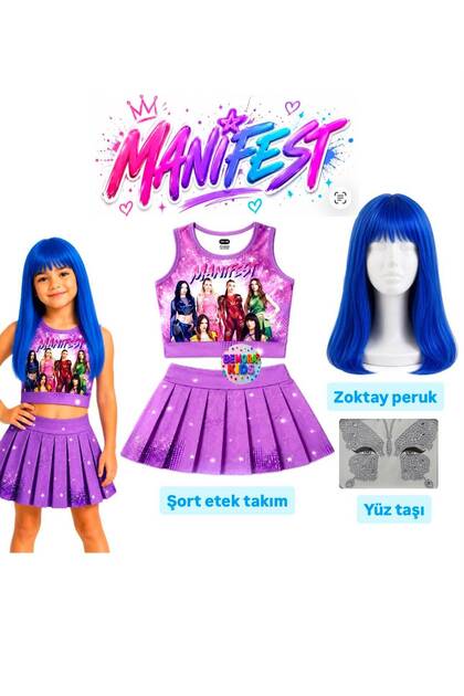 Manifest Mor Skirt Blouse Bottom Top 2-Piece Set Shorts Skirt Girl Child Bottom Top Set Manifest Zoktay Blue Wig - Face Stone Set Party Concert Birthday Beach Wear