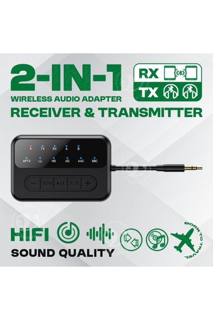 Black 2 in 1 AptX Bluetooth Audio Receiver Transmitter AptX-Adaptive AD/HD/LL AAC 3.5MM AUX HiFi Mus