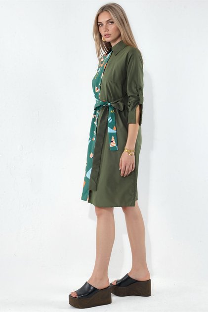 Msn Patterned Mini Shirt Dress with Tie Detail