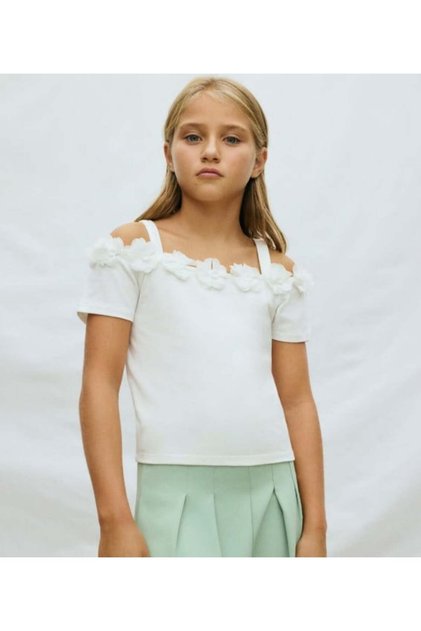 Girl's Boat Neck Floral Embossed Short Sleeve Blouse 8-18 Years Old Cream
