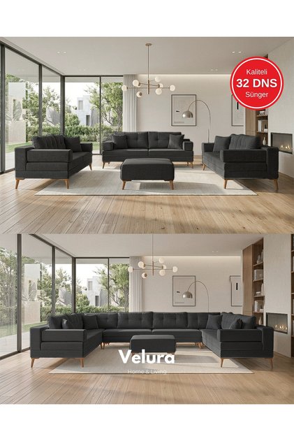 Zeri Modüler Yataklı 3 Adet Üçlü Kanepe & 3'lü Koltuk (3+3+3) - Antrasit - 110
