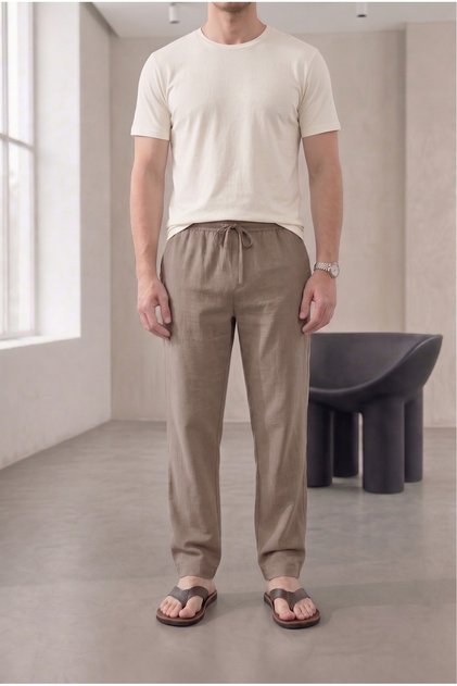 Men's Mink Cotton Linen Look Relaxed Fit Summer Trousers with Tie Waist