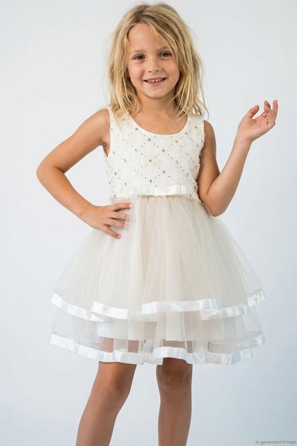 Girl's Dress with Floral Appliques and Sequin Bow Detail, Ages 5-10, Ecru
