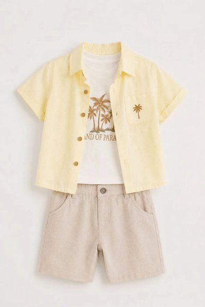 My Little Boy's Palm Tree Printed Shirt 3-Piece Set - Yellow