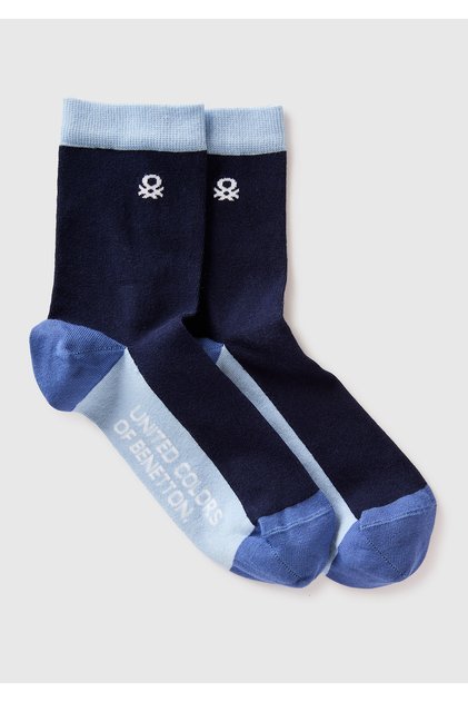 Unisex Navy Blue Cotton Blend Patterned Jacquard Logo Socks