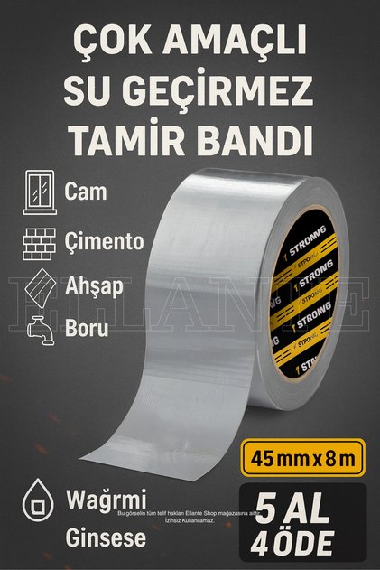 Çok Amaçlı Su Geçirmez Sızdırmaz Dayanıklı Izolasyon Gri Tamir Bandı 48 Mm 10 Mt 1 Adet Güçlü