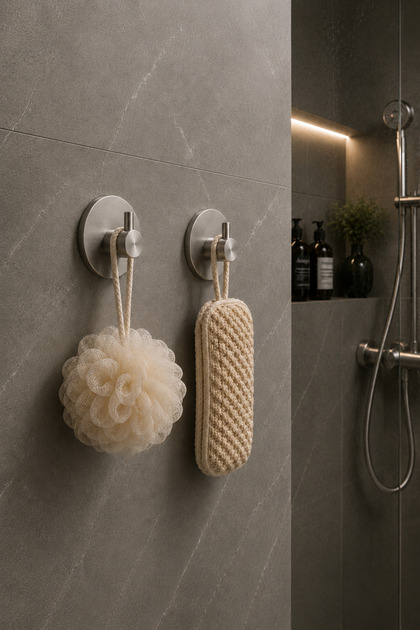 2li Set Oval Tekli Modern Banyo Askılık 45 mm | Paslanmaz Çelik | Delmeden Yapışkan Montaj