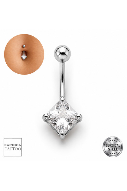 Kare Zirkon Taşlı Göbek Piercing Cerrahi Çelik Gold veya Gümüş Rengi Premium Karınca Piercing