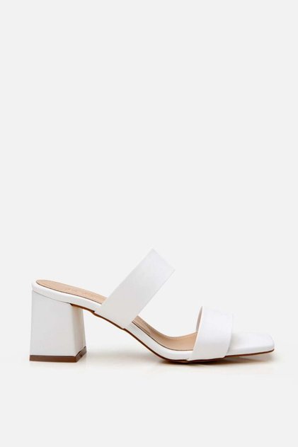 Women's White Double-Strapped Thick-Heeled Slippers