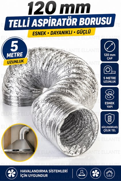 120 mm 5 Metre Telli Alüminyum Esnek Aspiratör Borusu Davlumbaz Havalandırma Borusu