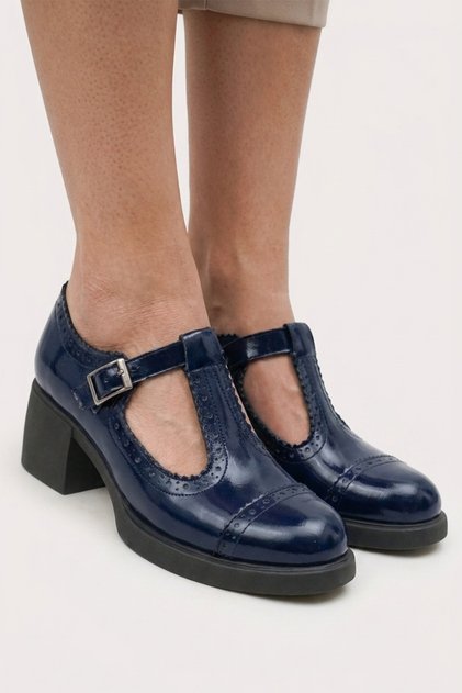 Navy Blue Patent Leather Genuine Leather T-Strap Women's Heeled Shoes Daily Classic Design Strappy Mary Jane Style