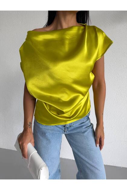 Women's Oil Green Off Shoulder Short Sleeve Satin Blouse