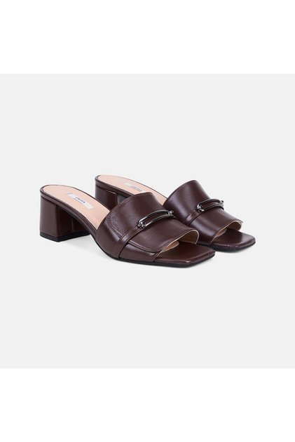 Women's Bitter Brown Metal Buckle Heeled Leather Slippers