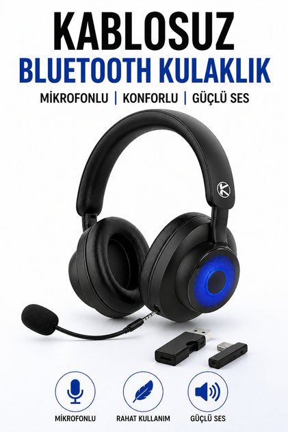 Bluetooth Kulaküstü Kulaklık Mikrofonlu USB Dongle Tak Çalıştır Gürültü Engelleme RGB Gaming Kulaklık Pc, Mobil, Konsol Uyumlu