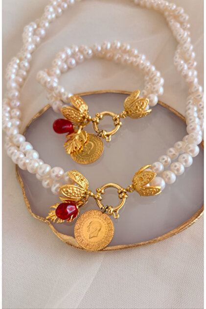 ZEZ PEARL JEWELRY Altın Uyumlu Nar Charmlı İnci Set - Fiyatı