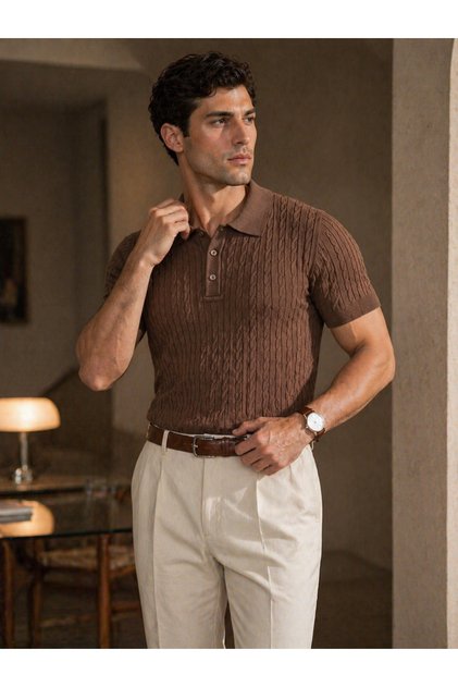 Men's Brown Hair Knit Patterned Knitwear Polo T-Shirt