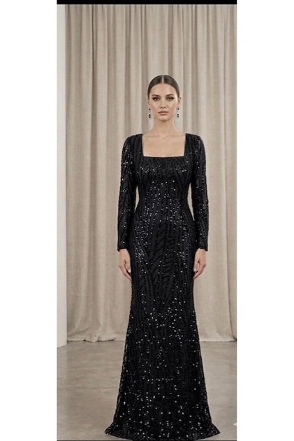 • Noveradress Pullu Payetli Kare Yaka Balık Model Gece Elbisesi