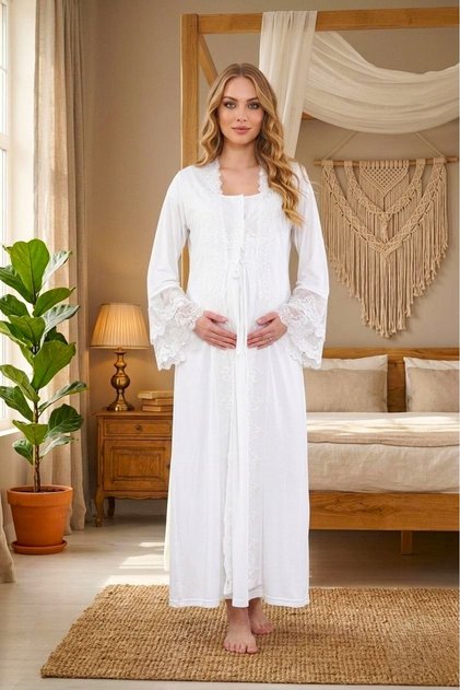 New Season Ecru Summer Full Length Elegant Lace Design Short Sleeve Maternity Maternity Dressing Gown Nightgown Set