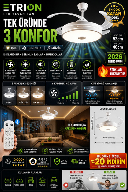 Etrion LED Tavan Fanı Bluetooth Hoparlörlü | 3 Renk Işık, 6 Kademe Hız, Uzaktan Kumandalı, Sessiz Motor, Modern Avize Fan