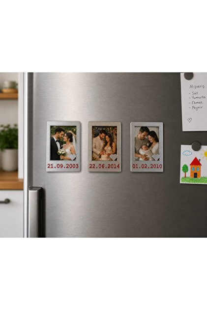 Kişiye Özel Tarihli Magnet Fotoğraf Çerçevesi 3 Adet (İntax Mini Uyumlu)-Parlak Gümüş