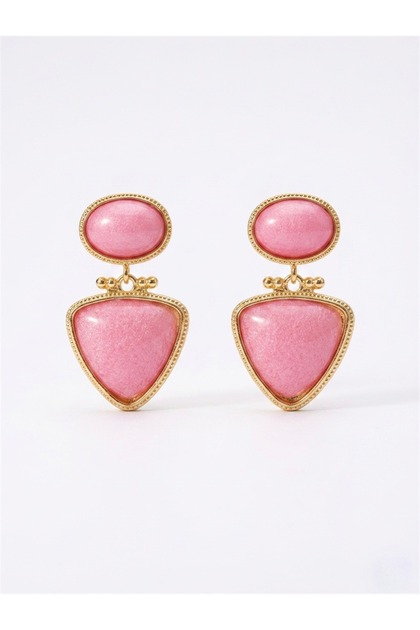 Pink Stone Oval and Triangle Design Pendant Earrings