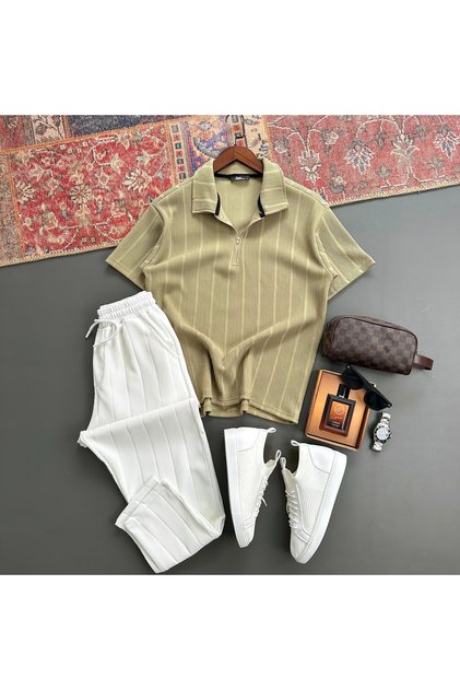 Men's Half Zip Polo Collar T-Shirt and Pants 2-Piece Combination