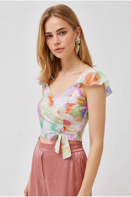 Women's Batik Floral Side Zipper Crop Crepe Blouse Blz-19003350