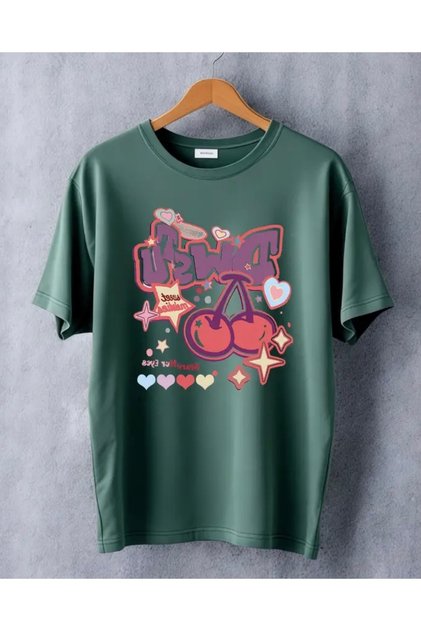 Round Neck Double Cherry Printed 100% Cotton Oversize Girls' T-Shirt