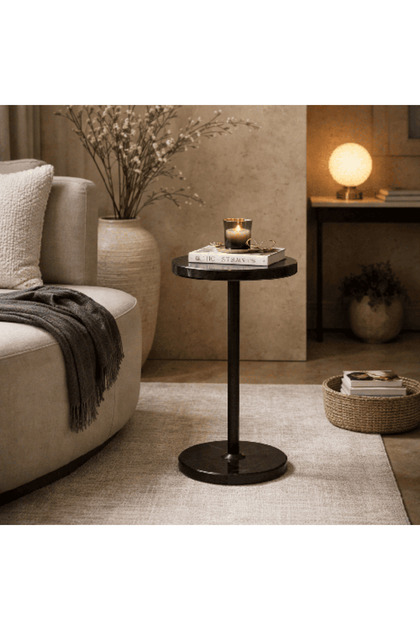 25cm Strong Metal Base Marble Side Table-Black