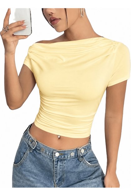 Butter Yellow Off-Shoulder Viscose Blouse with Pleated Detail (Not a Crop Top) 0029