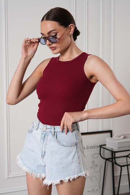 Women's Ribbed Look Crew Neck Basic Blouse Undershirt