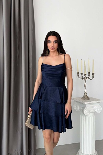 Serica Moda Navy Blue Draped Thin Strap Short Evening Dress with