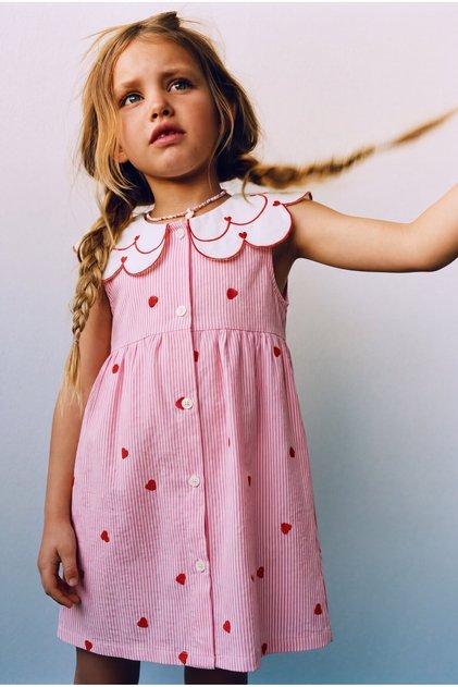 Girl's Cotton Pink Striped Heart Patterned Dress