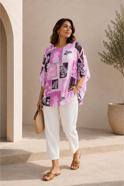 Women's V-Neck T-Shirt with Tulle Overlay and Viscose Lining, Curve Plus Size, Sporty-Chic T-Shirt Blouse
