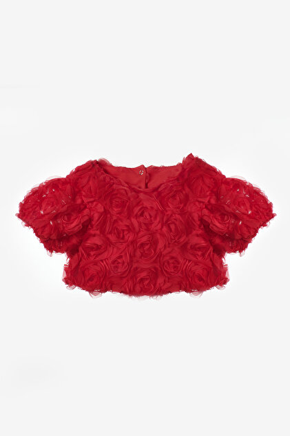 Kırmızı Kısa Kollu Gül Aplike Detaylı Kız Çocuk Crop Bluz - Millie
