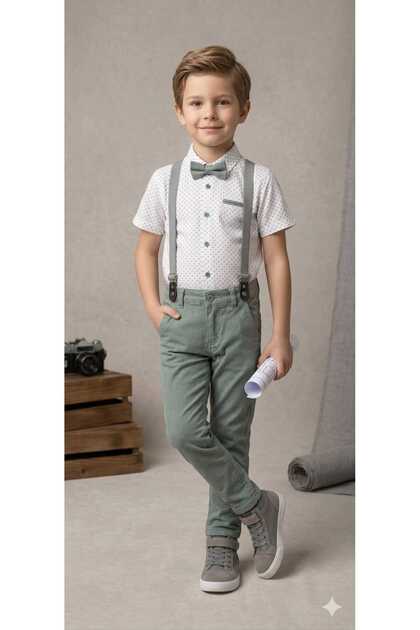 Boy's Shirt and Pants Set with Bow Tie and Suspender Combination (1 Size Prefered Larger Size) Ages 4-5-6-7