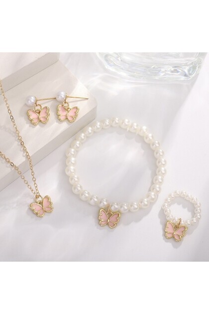 Pink 4 Set Butterfly Ring Pendant Necklace Bracelet Earrings Set for Women Girls Simulated Pearl Gol