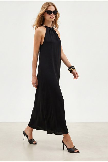 Women's Black Halter Neck Chain Decorated Maxi Flowy Dress Elb-19002649