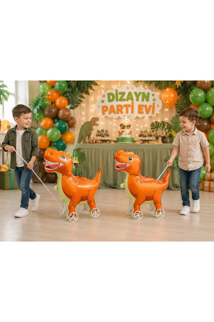 Tekerlekli Dinozor Folyo Balon Yürüyen Dinozor Balon Çocuk Parti Süsü Turuncu Dinozor