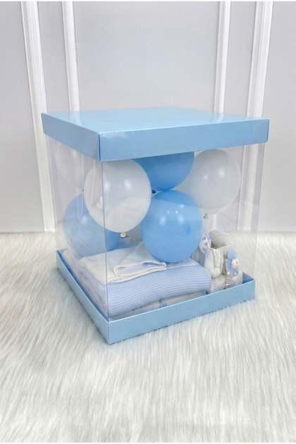 Asetat Kutu, Bebe Mavi Büyük Boy 30x30Cm, Şeffaf Demonte, Doğum Hediye Baby Bebek Cinsiyet Parti