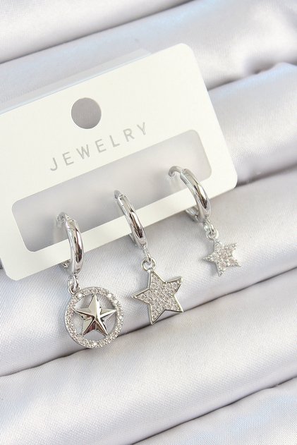 Brass Zircon Star Model Silver Color Women's Earring Set 3-Piece - Elegance and Durability