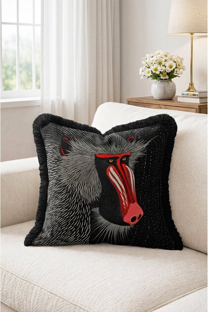 Mandril Monkey Patterned Fringed Throw Pillow Cover - Ethnic Pillowcase with Black Tassels