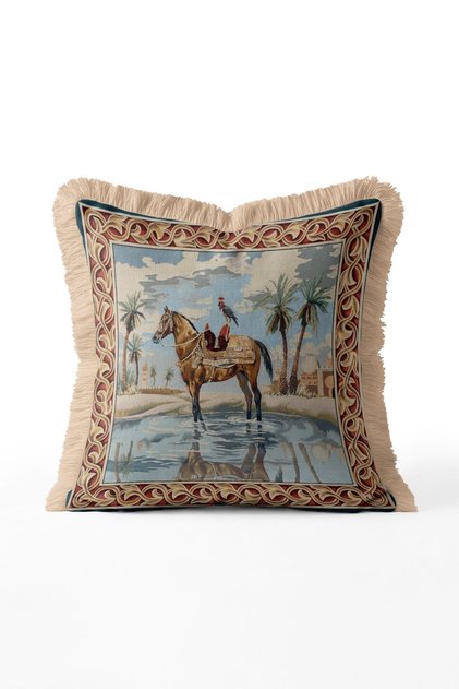 Horse and Palm Tree Oasis Tapestry Fringed Throw Pillow Cover - Cream Tassel Oriental Pillowcase